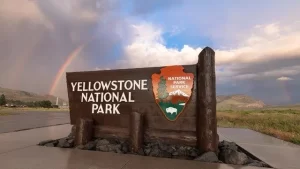 Yellowstone National Park entrance viewed from a guided tour