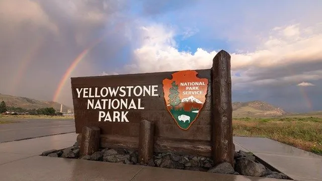 Yellowstone National Park entrance viewed from a guided tour